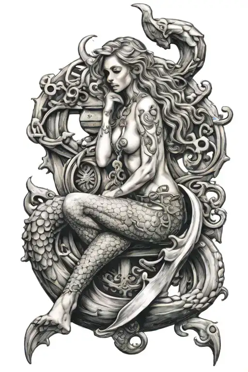 naked mermaid sitting on a large anchor tattoo design idea