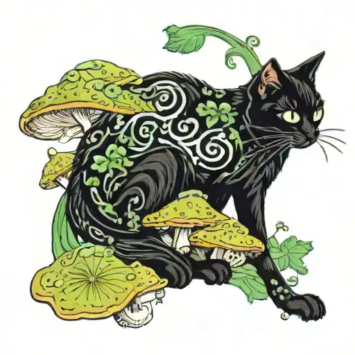 A black cat with green eyes that is surrounded by mushrooms  tattoo design idea