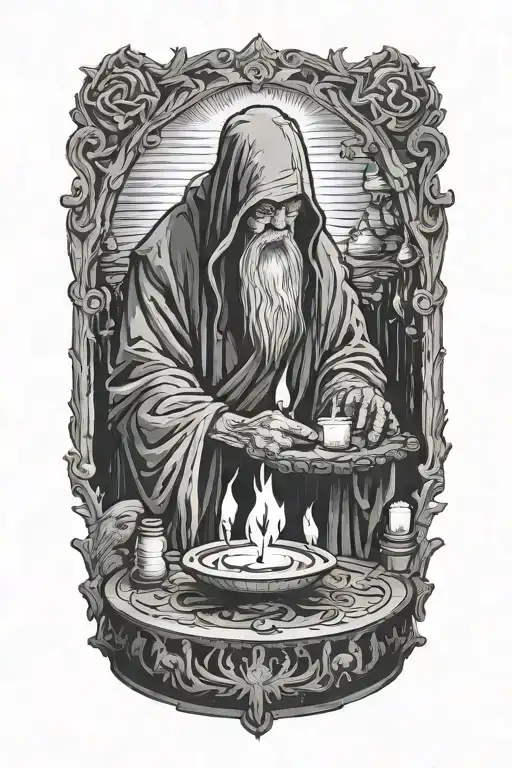Hermit performing a ritual, candles, altar tattoo design idea