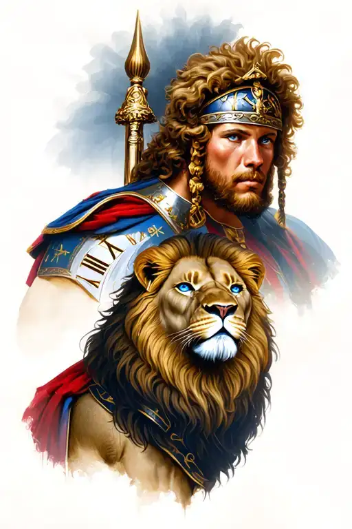 lion and Roman soldier with Roman numerals with blue eyes tattoo design idea