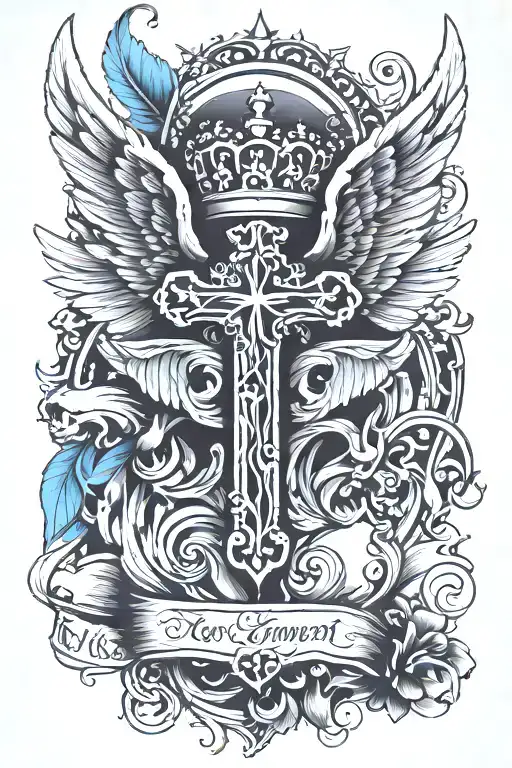 Cross angel wings crown tattoo design idea