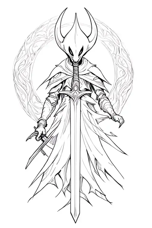 hollow knight holding a sword, mystical patterns encircled tattoo design idea