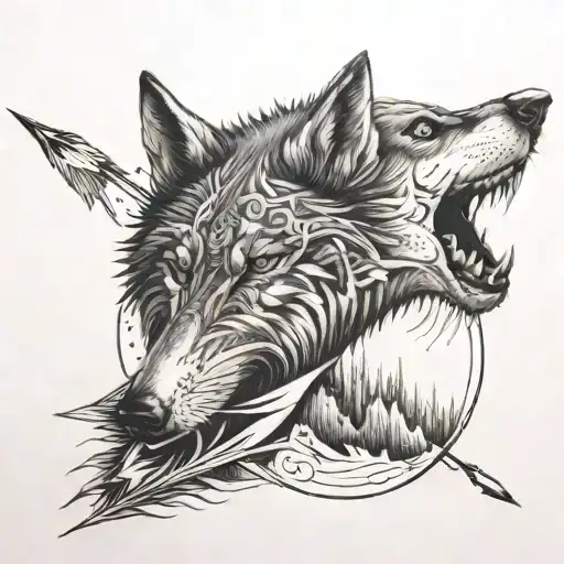 half wolf face and another side fish and in center arrow  tattoo design idea