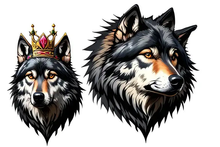 lone wolf with crown and looking at side just black and grey color and big one wolf like guarding just bug head wolf tattoo design idea