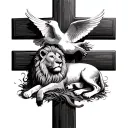 cross with lion and lamb laying infront with dove above the cross tattoo design idea
