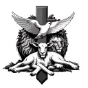 cross with lion and lamb laying infront with dove above the cross tattoo design idea