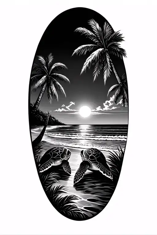 Hawaiian sea turtle with landscape background of palm trees, beach and sun setting  tattoo design idea