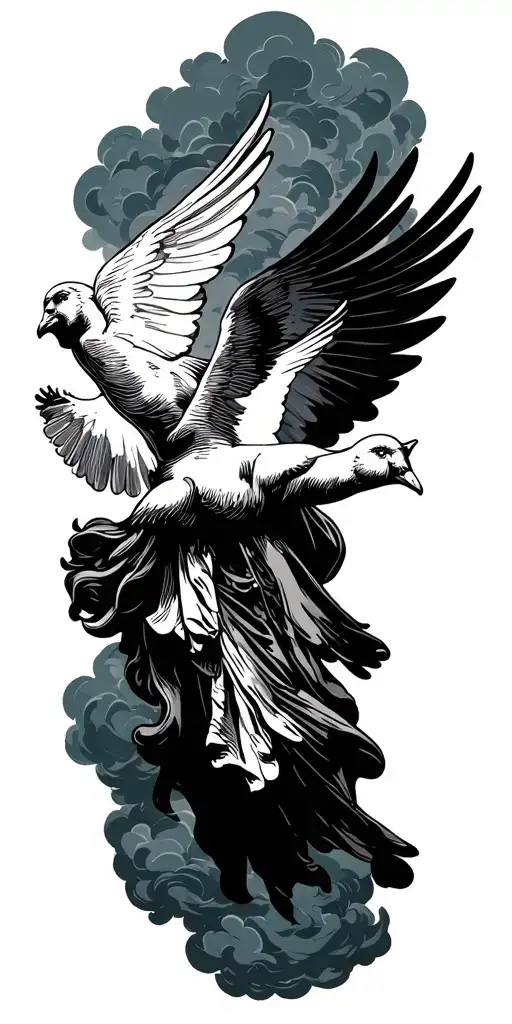 Jesus heaven clouds doves flying tattoo design idea