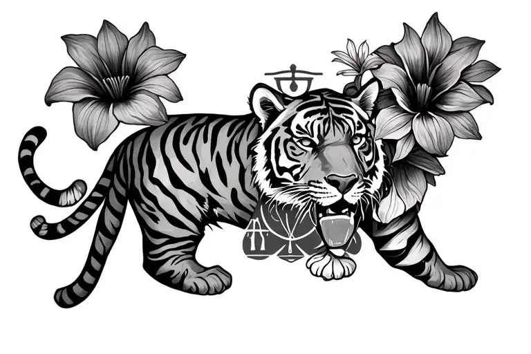 tiger surrounded by aster and morning glory flowers with a libra symbol hidden tattoo design idea