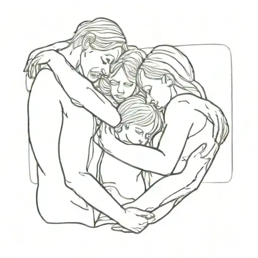 a family of 5 people hug each other and cry. they are looked from backward  tattoo design idea