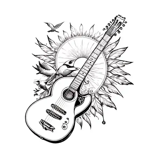 guitar with feathers and birds and a sun  tattoo design idea
