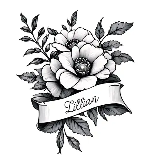 forearm tattoo, floral wrap around off of stem saying "Lillian" in thin cursive writing all lower case  tattoo design idea