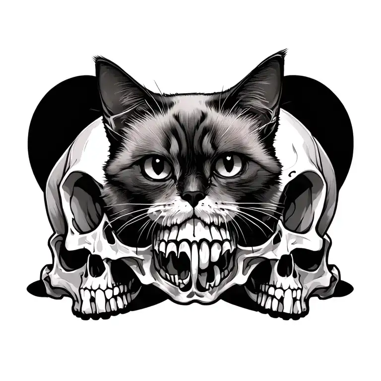 ragdoll cat face, ghoul / zombie / undead style design, sitting on a anatomic skull tattoo design idea