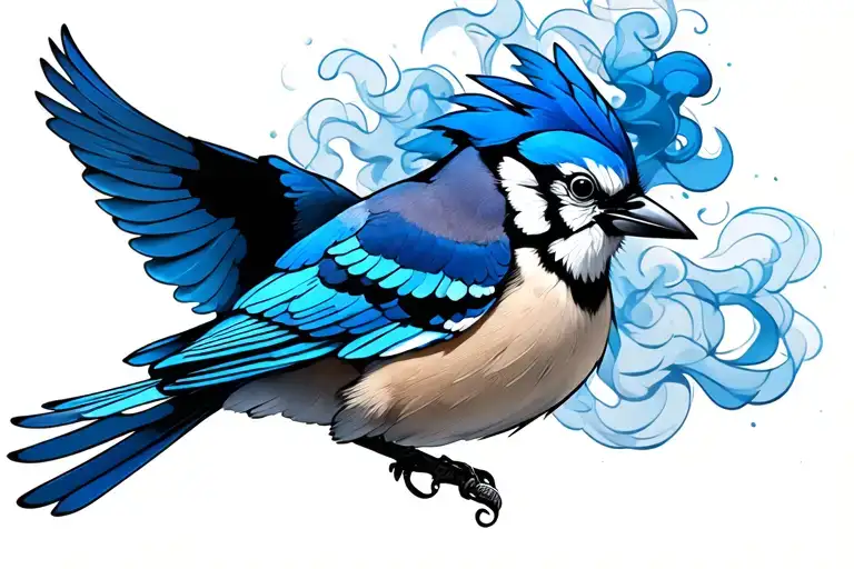 smoke forming into a flying blue jay bird tattoo design idea