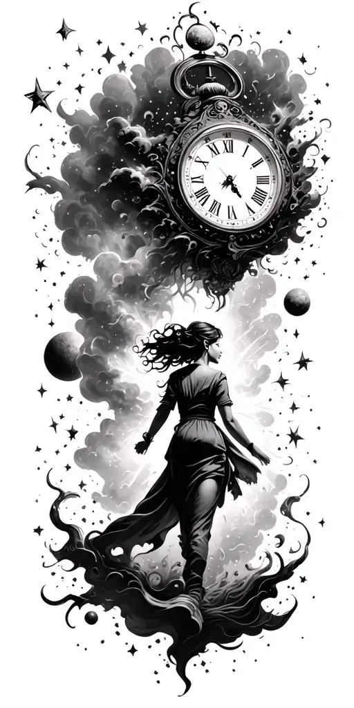 Exploding clock with a girl walking into it, dark fantasy, space and stars around , full sleeve design tattoo design idea