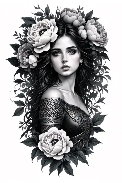 woman emerging from peonies, celtic warrior, open eyes, black and grey strength and resiliance tattoo design idea