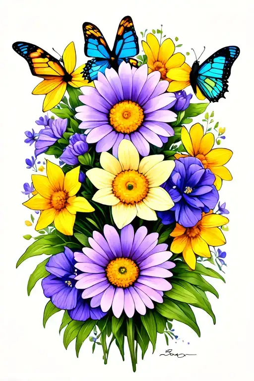 daisies, sweet peas, daffodils, jonquil flowers with butterflies tattoo design idea