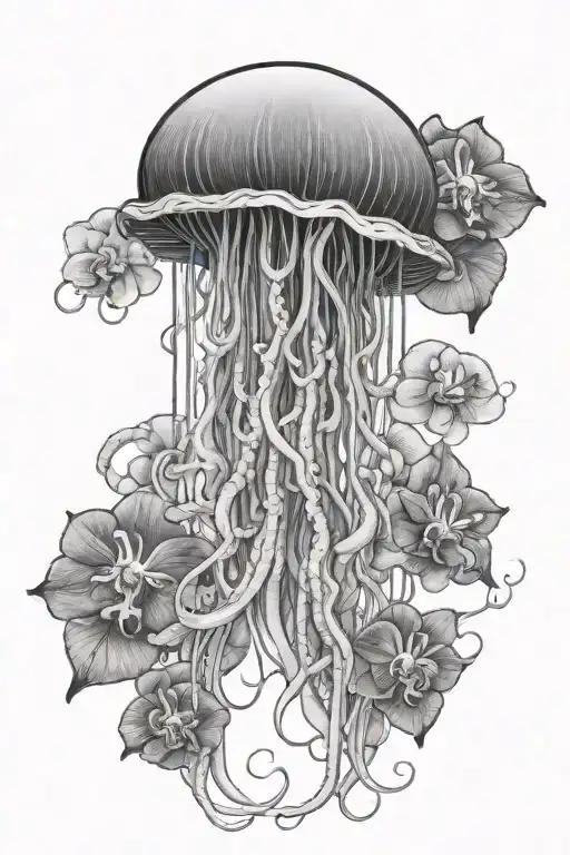 long jellyfish with orchids in its tentacles tattoo design idea