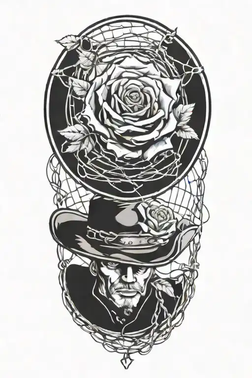 Cowboy hat with a rose intertwined with barbed wire tattoo design idea