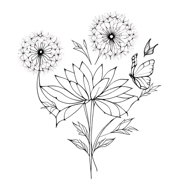 Dandelion flower, lotus flower, heart, butterfly, mandala tattoo design idea