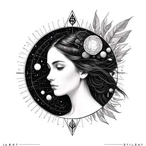 Concept for tattoo Portrait of women in universe with sacred geometry connected win nature and spirituality, on DMT tattoo design idea
