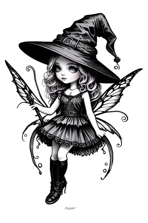 cute little gothic witch Fae Faery tattoo design idea