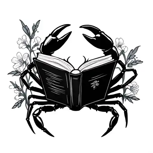 crab holding and reading a book, surrounded by larkspur tattoo design idea