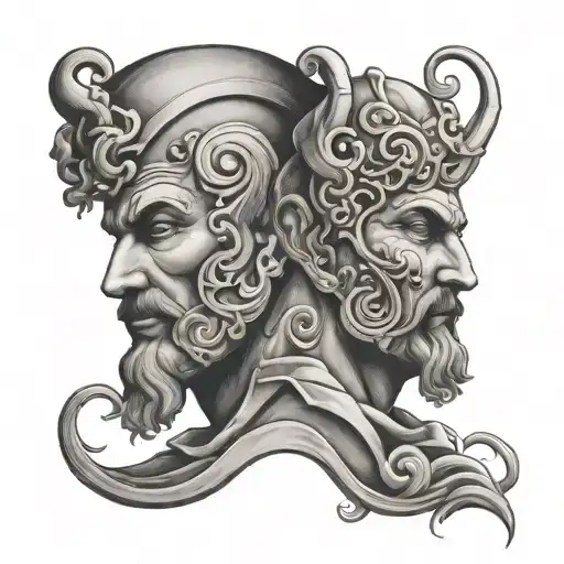 two men faces good verses evil gemini tattoo design idea