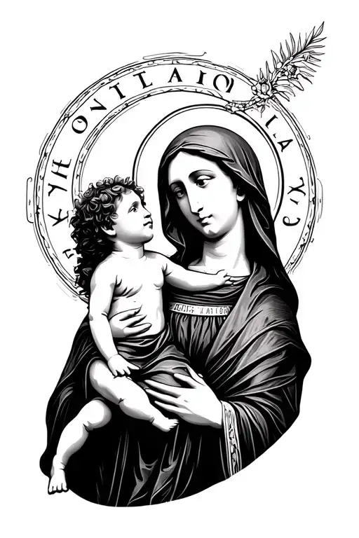 "One-Line minimalist Saint Mary" Holy mary holding child tattoo design idea