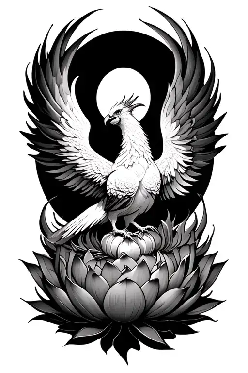 phoenix  rising from lotus flames up to the sun tattoo design idea
