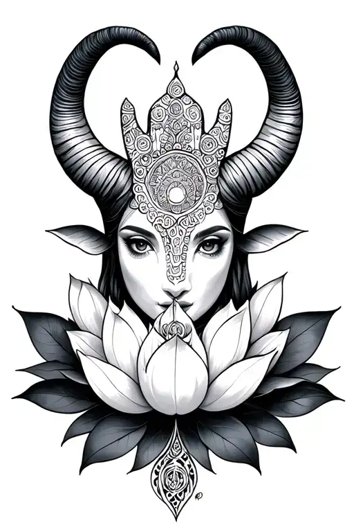 Capricorn and lotus with hamsa tattoo design idea