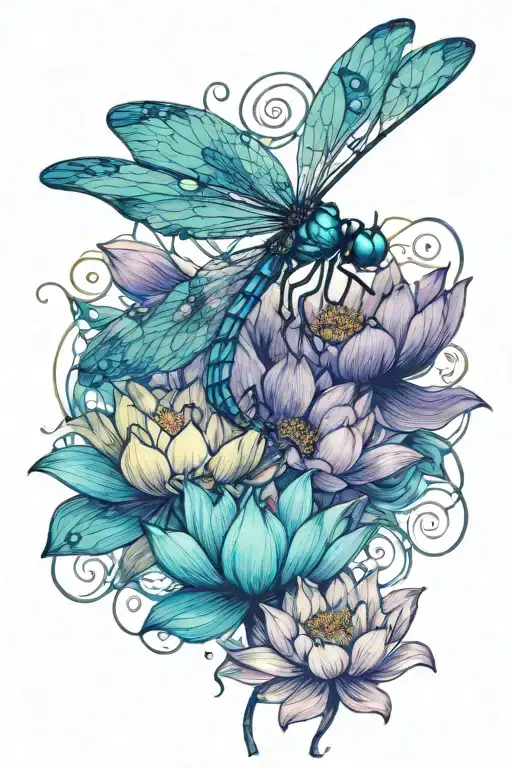 dragonfly resting on lotus flower tattoo design idea
