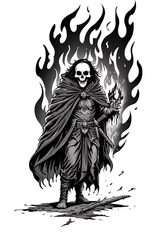 Draw a disturbed tattoos on full -length fire in the style of New Skul or traditional in a cloak and with a wild smile tattoo design idea