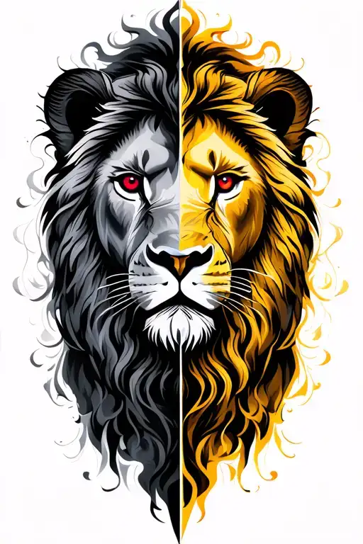 two faced lion with dark gray (red eye) one side and yellow (blue eye) on the other. surrounded by smoke tattoo design idea