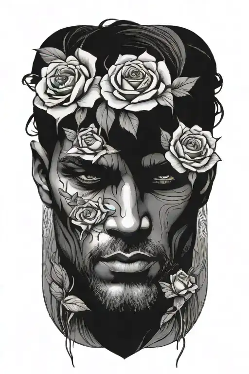 elegant mans face surrounded by roses tattoo design idea