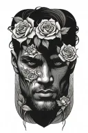 elegant mans face surrounded by roses tattoo design idea