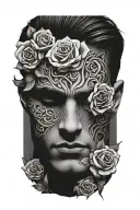 elegant mans face surrounded by roses tattoo design idea