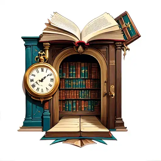 A whimsical tattoo of a magical library entrance with an open book as the door and a broken clock as the handle tattoo design idea