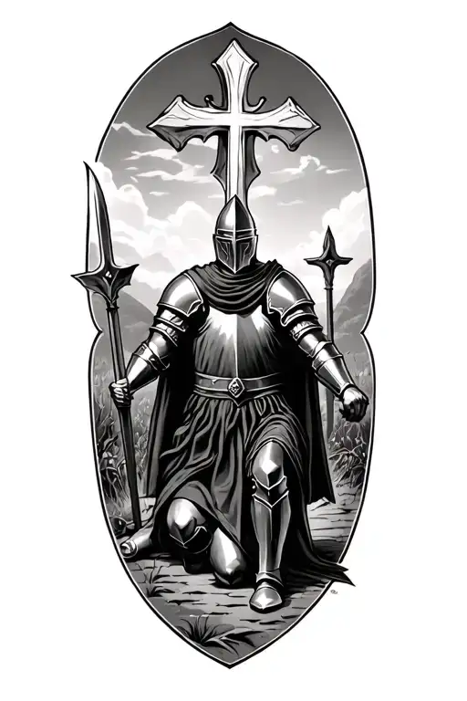 Kneeling Knight, knights templar, battlefield scene, George cross tattoo design idea