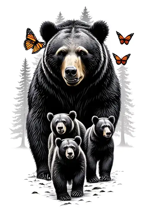 Papa bear and 3 black bear cubs and 2 monarch butterfly walking in the wilderness trees tattoo design idea