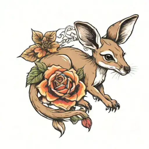 baby kangaroo with rose and sunflower tattoo design idea