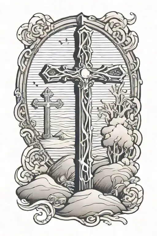 Sands of time leading up to three wooden crosses tattoo design idea