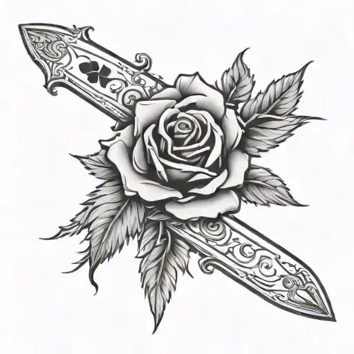 A dagger piercing through a rose, with playing card suits (hearts, spades, etc.) etched onto the blade. The design could tattoo design idea