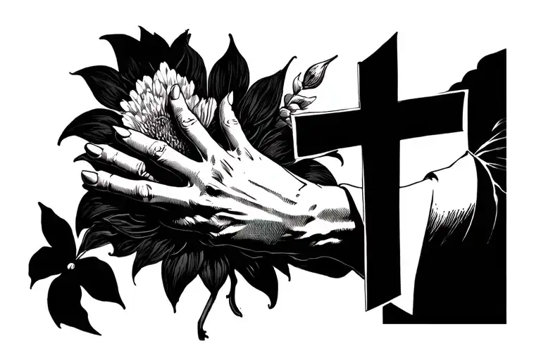 The hand of a man with crosses and the hand of the devil in the middle of a flower tattoo design idea