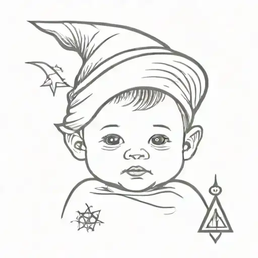 baby with wizard hat tattoo design idea