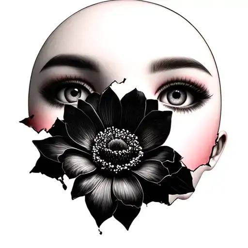 A ballerina porcelain doll’s face cracking open, revealing a black flower tattoo design idea