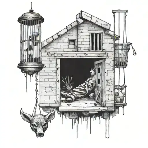 A dotwork tattoo of a prison cell with hunting trophies hanging on the walls tattoo design idea