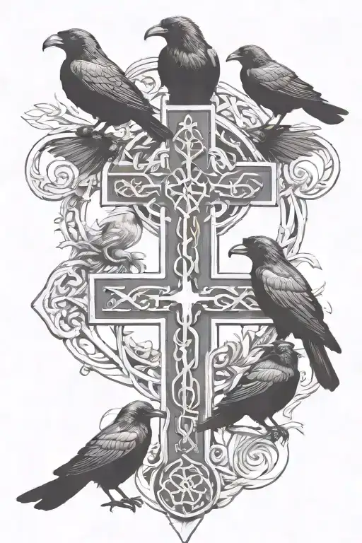 rooker family crest with 2 large crows and 4 small crows with celtic cross tattoo design idea