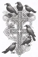 rooker family crest with 2 large crows and 4 small crows with celtic cross tattoo design idea