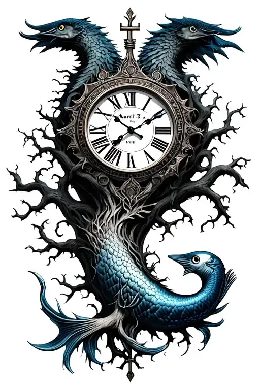 Yggdrasil and pisces tattoo design with march 13 1998 roman numeral and a clock tattoo design idea